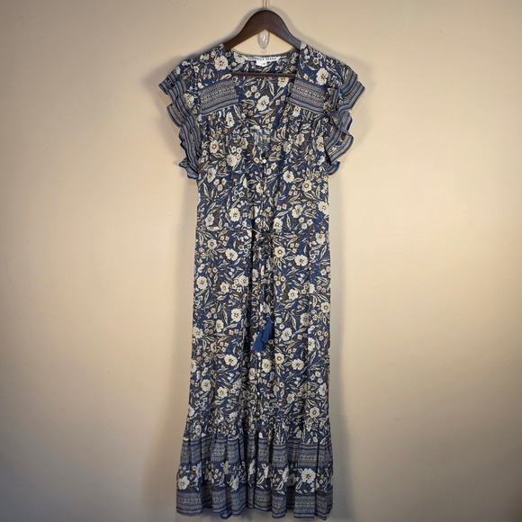 Veronica Beard Tinzia Floral Midi Dress Women Large Blue Boho Ruffle Tassels - Picture 2 of 13